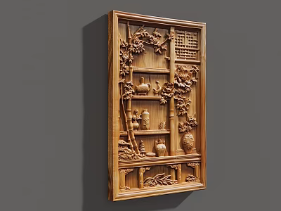 Traditional Wooden Carving Wall Hanging with Vases Plants and Shelf Patterns 3d model