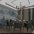 Elegant Private Dining Room Interior With Set Round Table Green Chairs Chandelier And Wall Art