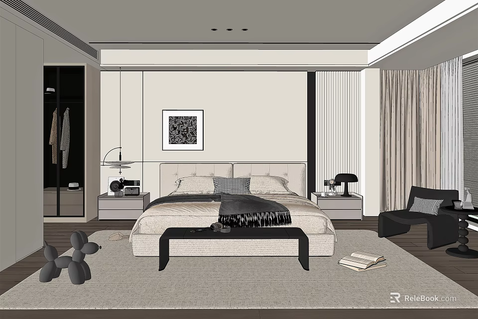 Modern Bedroom Interior Design With Bed Framed Artwork Bedside Tables Armchair And Area Rug 3d model 