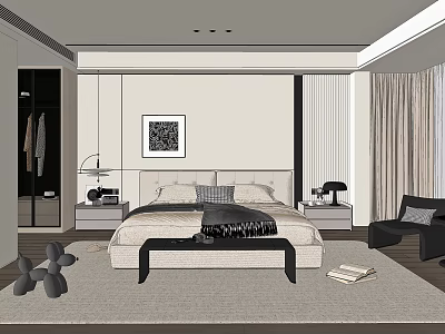 Modern Bedroom Interior Design With Bed Framed Artwork Bedside Tables Armchair And Area Rug 3d model