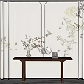 Elegant Console Table With Vase Decorative Plants And Floral Bird Patterned Wall 3d model