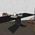 Modern Dining Table Set With Black Rectangular Table Brown Wooden Chairs White Globe Lamp And Books 3d model