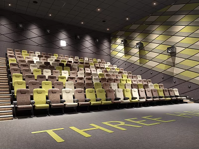 Cinema Interior Featuring Colorful Seats Geometric Wall Design And Floor Text 3d model