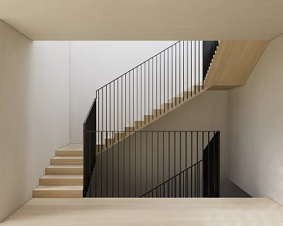 Modern Minimalist Interior Staircase With Wooden Steps And Black Metal Railings 3d model