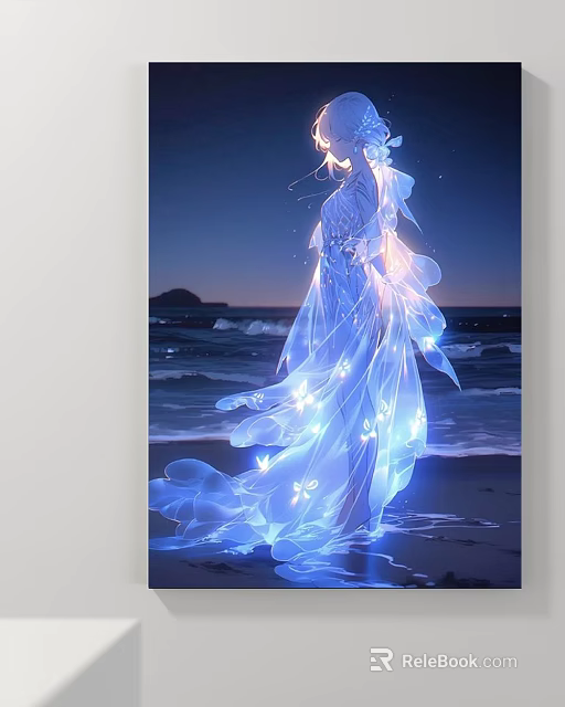 Abstract Painting Ethereal Figure in Blue Flowing Dress with Luminous Butterflies at Nighttime Seaside 3d model 