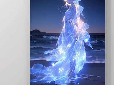 Abstract Painting Ethereal Figure in Blue Flowing Dress with Luminous Butterflies at Nighttime Seaside 3d model