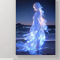 Abstract Painting Ethereal Figure in Blue Flowing Dress with Luminous Butterflies at Nighttime Seaside