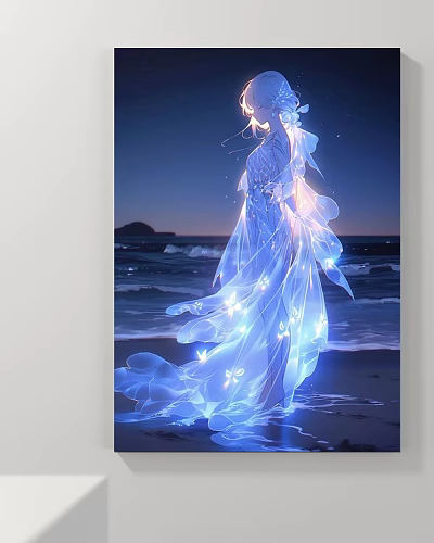 Abstract Painting Ethereal Figure in Blue Flowing Dress with Luminous Butterflies at Nighttime Seaside 3d model