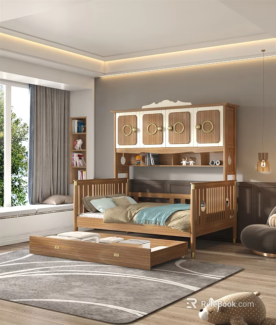 Wooden Double Bed With Storage Cabinet Window Curtains Cozy Bedroom Interior And Drawers 3d model 