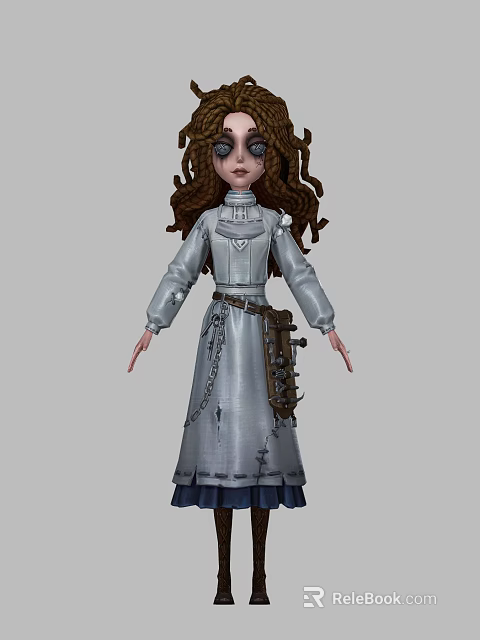 Woman with Long Brown Curly Hair Wearing Gray Coat White Trim and Brown Belt Gear 3d model 