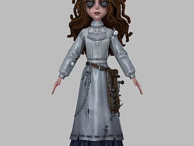 Woman with Long Brown Curly Hair Wearing Gray Coat White Trim and Brown Belt Gear 3d model