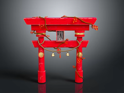 Red Torii Gate Scenery With He Ping Characters Ropes Bells Red Decorations And Gray Background 3d model