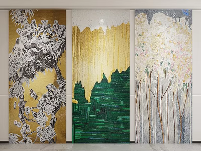 Decorative Wall Art With Gold Black Patterns Green Gold White Elements Pink Flowers Tree Trunks 3d model