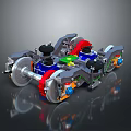 3D Mechanical Model With Colorful Blue Red Green Yellow Components And Metal Wheels Structure