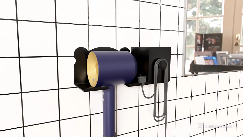 Wall Mounted Purple And Black Hair Dryer In Bathroom White Tile Wall Holder 3d model 