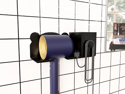Wall Mounted Purple And Black Hair Dryer In Bathroom White Tile Wall Holder 3d model