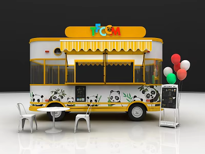 Pizza Food Truck With Yellow Awning Panda Designs Chairs Table Chalkboard Menu And Colorful Balloons 3d model