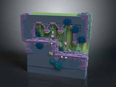 Cartoon Style 3D Scene With Purple Walls Arches Green Plants Small Mushrooms And Yellow Flowers 3d model
