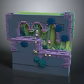 Cartoon Style 3D Scene With Purple Walls Arches Green Plants Small Mushrooms And Yellow Flowers