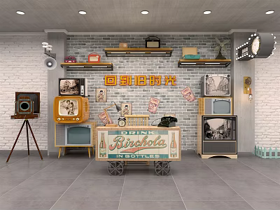 Retro TVs Display on Brick Wall with Vintage Shelves Old Camera and Decorative Cart 3d model
