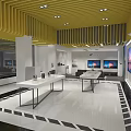 Modern Showroom Interior With White Tables TV Screens Sofa And Yellow Ceiling
