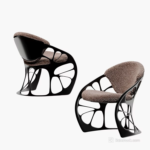 Unique Modern Single Chair With Curved Black Frame And Brown Plush Cushion Design 3d model 