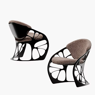 Unique Modern Single Chair With Curved Black Frame And Brown Plush Cushion Design 3d model