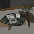 Stylish Irregular Coffee Table With Green Marble Top Wooden Base And Decorative Items