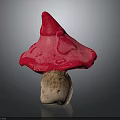Vibrant Red Pink Mushroom with Broad Cap and Brown Stem Against Dark Background