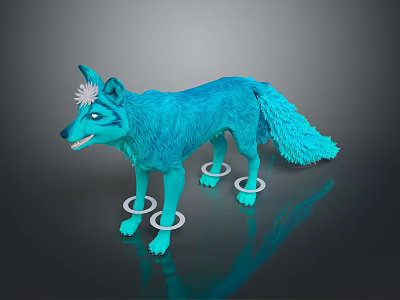 Fantasy Character Teal Wolf Creature With Shiny Fur Flower Head And Paw Rings 3d model