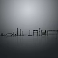 Dramatic Scenic Architectural Silhouettes Of Varied Heights Against Dark Background With Reflections