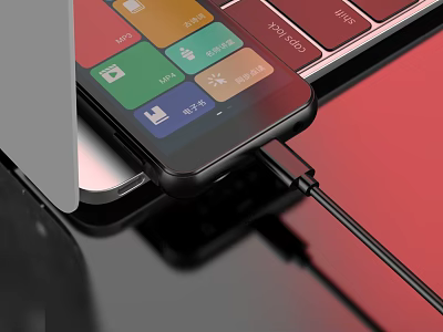 Sleek Laptop And Smartphone Connected With Charging Cable On Desk 3d model