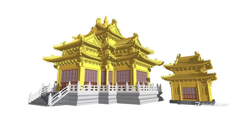 Traditional Chinese Ancient Architecture With Yellow Roof Upturned Eaves Red Windows And White Railings 3d model 