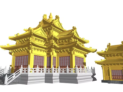Traditional Chinese Ancient Architecture With Yellow Roof Upturned Eaves Red Windows And White Railings 3d model