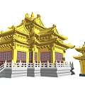 Traditional Chinese Ancient Architecture With Yellow Roof Upturned Eaves Red Windows And White Railings