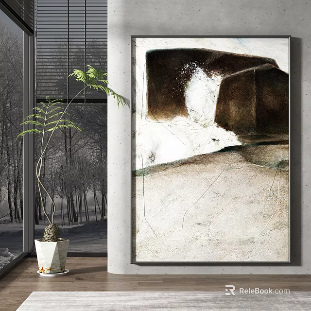 Interior Decor With Large Abstract Painting Potted Plant Near Window With Trees View 3d model 