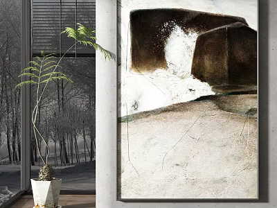 Interior Decor With Large Abstract Painting Potted Plant Near Window With Trees View 3d model