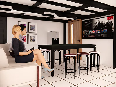 Modern Lounge Area With People On Sofa Black Table Red Stools And Artworks 3d model