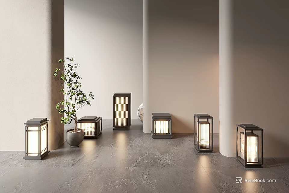Modern Japanese Style Outdoor Lantern Lights With Illuminated Design In Garden Setting With Green Plants 3d model 