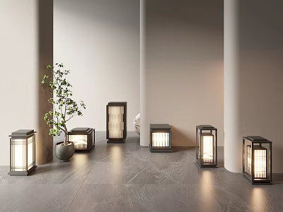 Modern Japanese Style Outdoor Lantern Lights With Illuminated Design In Garden Setting With Green Plants 3d model