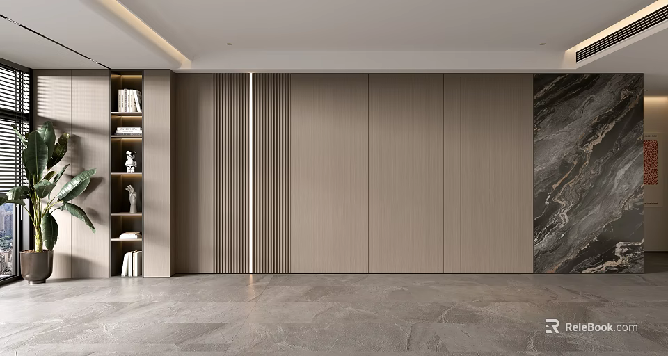 Modern Sofa Background Wall Design With Wooden Stripes And Marble Decor 3d model 