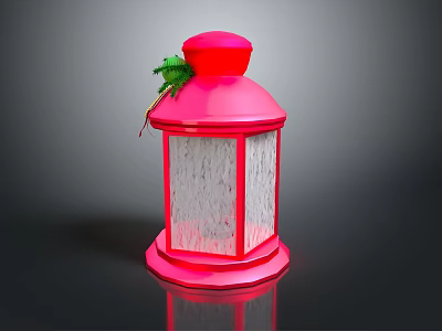 Pink Decorative Lantern With Red Top Green Ornament And White String Lights 3d model