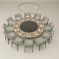 Modern Round Dining Table Set With Chairs Plates And Hanging Light 3d model