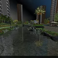 Garden Landscape With Stream Stones Flowers And Palm Trees Near Tall Buildings