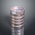 Shiny Metallic Cylindrical Household Item With Ringed Structure And Top Opening