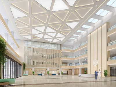 Modern Hospital Outpatient Lobby With Geometric Ceiling Skylights Glass Walls And Green Plants 3d model