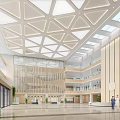 Modern Hospital Outpatient Lobby With Geometric Ceiling Skylights Glass Walls And Green Plants