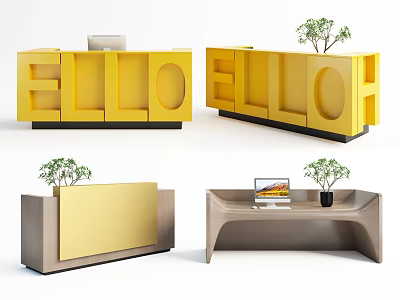 Modern Reception Desks With Yellow ELLO Design Brown Counter And Potted Plant 3d model