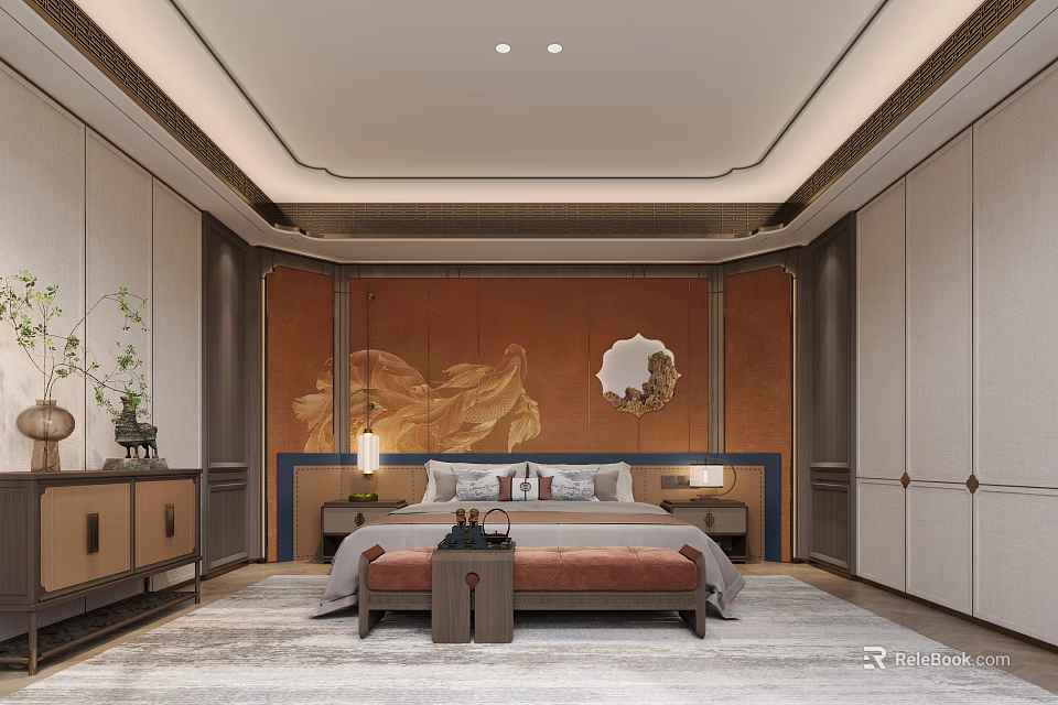 Traditional Chinese Bedroom Interior With Decorative Painting Round Mirror Bedside Tables Cabinets And Rug 3d model 