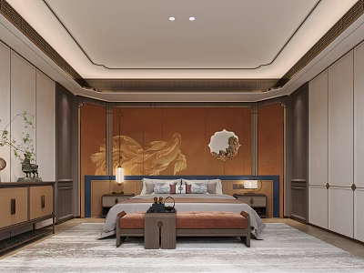 Traditional Chinese Bedroom Interior With Decorative Painting Round Mirror Bedside Tables Cabinets And Rug 3d model